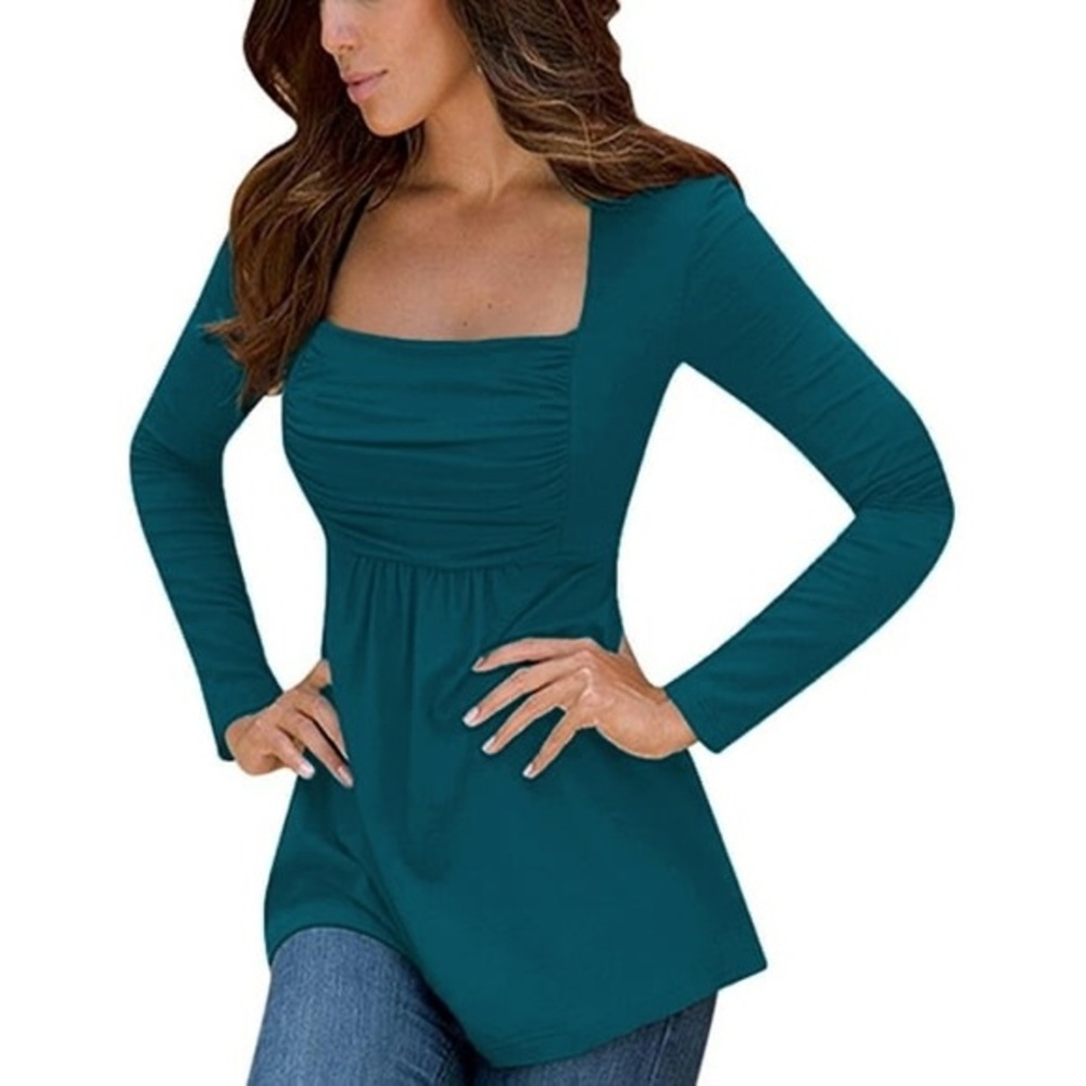 Women's Casual Square Neck Long Sleeve Solid Ruched SlimFit A-line Tunic Top XXL